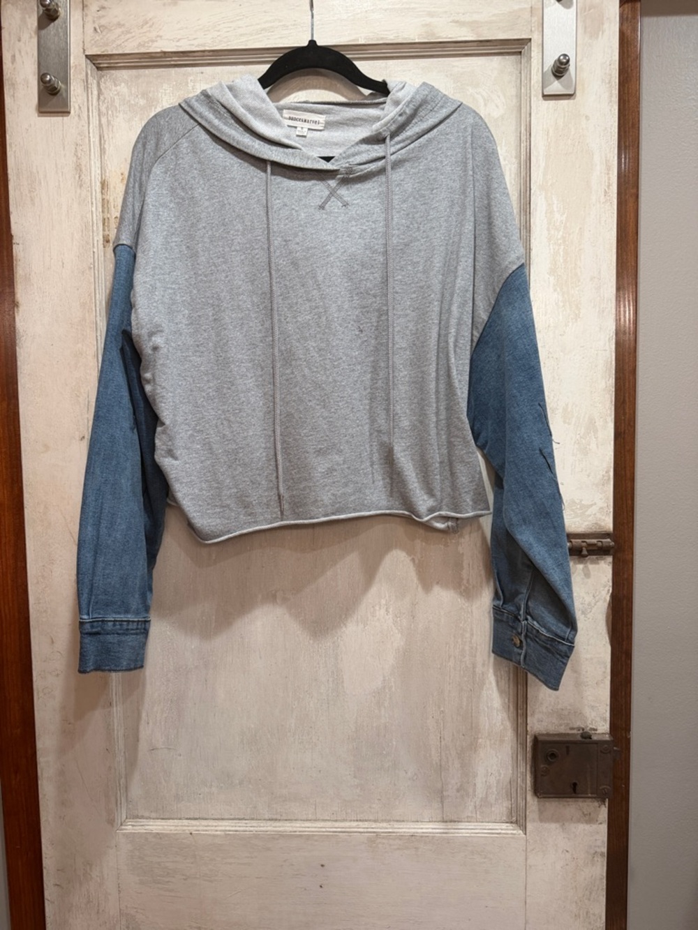 Heather Grey Cropped Hoodie with Denim Sleeves